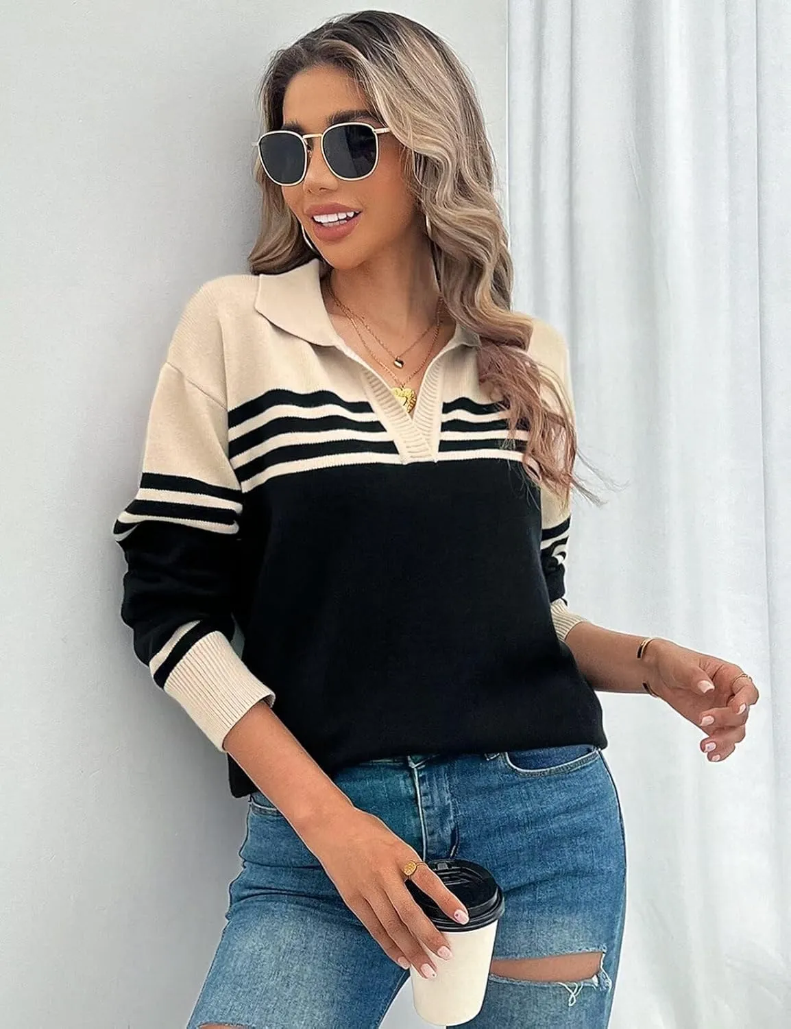 CiCiBird Women Fall V Neck Sweater Color Block Polo Long Sleeve Shirt Casual Loose Striped Pullover Sweaters