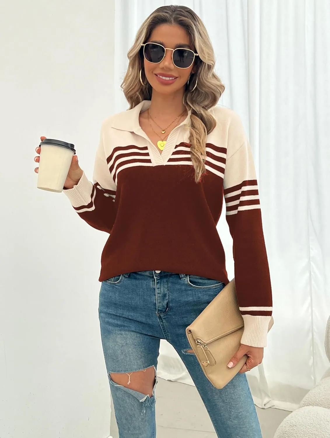 CiCiBird Women Fall V Neck Sweater Color Block Polo Long Sleeve Shirt Casual Loose Striped Pullover Sweaters