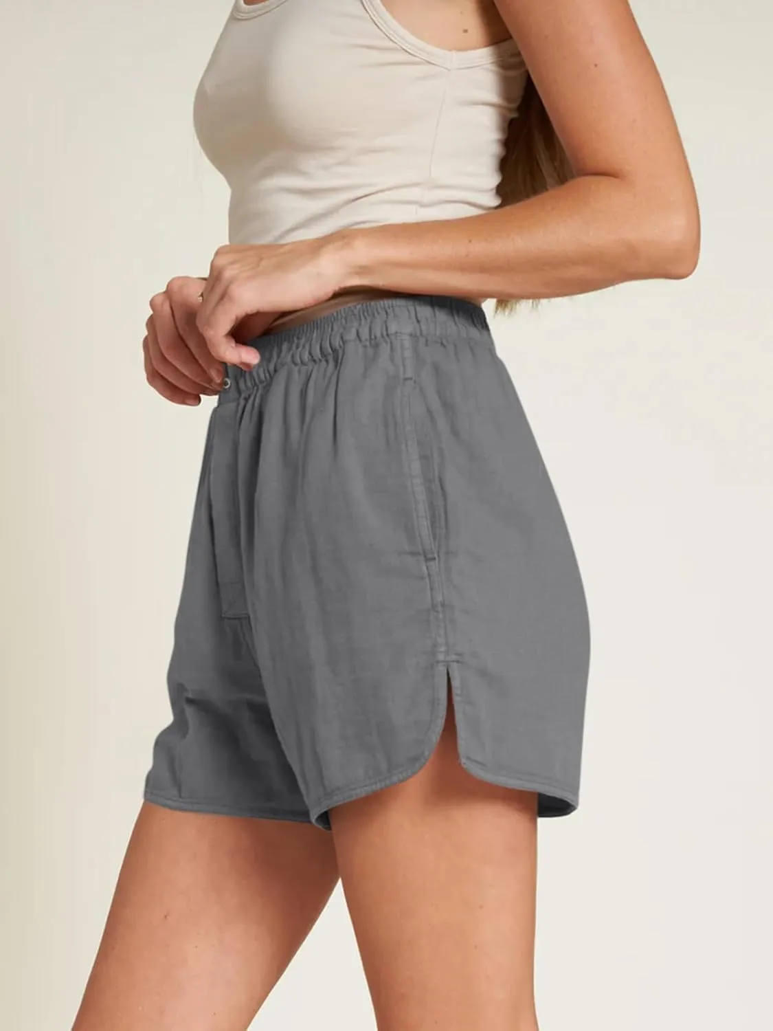Cicy Bell Womens Summer Cotton Shorts Casual Elastic High Waisted Pleated Cute Trendy Comfy Beach Pants