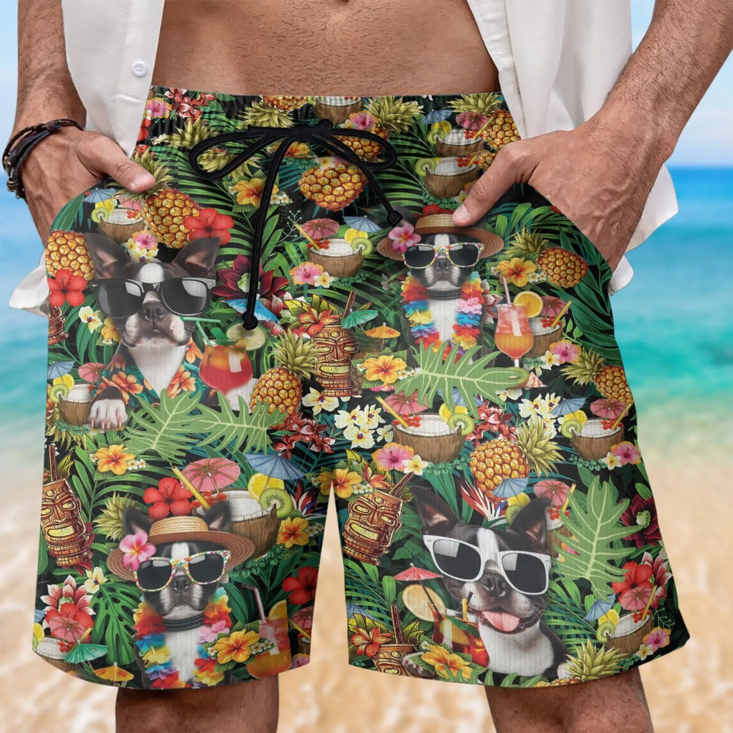 Cocktails Dog Mens Swim Trunks - Tropical Hawaiian Mens Shorts Casual - Summer Drawstring Beachwear Shorts PA38