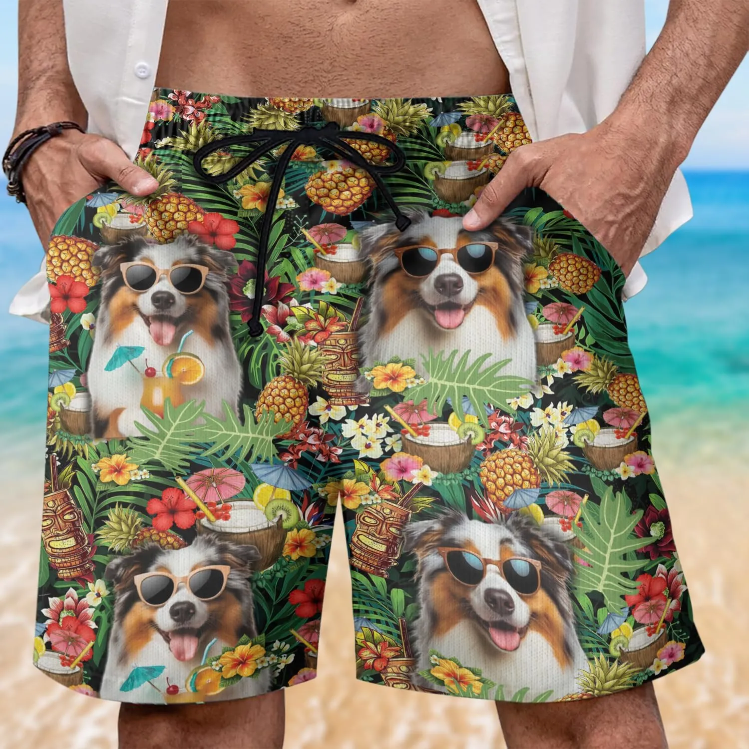 Cocktails Dog Mens Swim Trunks - Tropical Hawaiian Mens Shorts Casual - Summer Drawstring Beachwear Shorts PA38