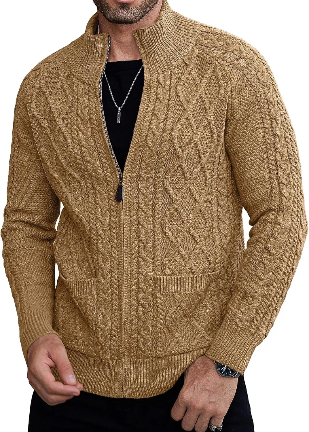 Comdecevis Men's Cardigan Sweaters Full Zip Up Stand Collar Slim Fit Cable Knitted Sweater with Pockets