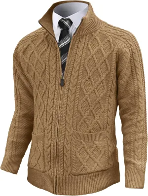 Comdecevis Men's Cardigan Sweaters Full Zip Up Stand Collar Slim Fit Cable Knitted Sweater with Pockets