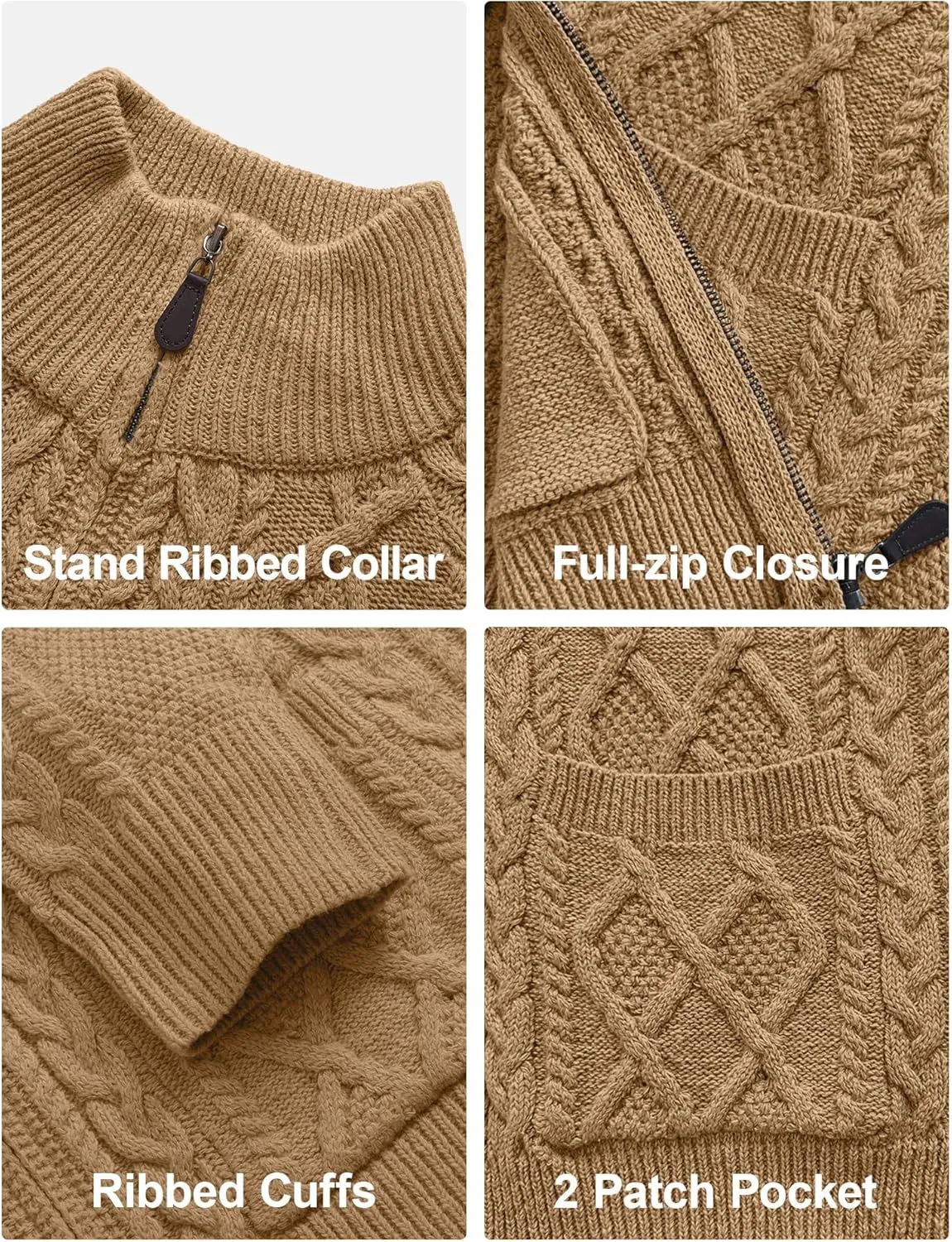 Comdecevis Men's Cardigan Sweaters Full Zip Up Stand Collar Slim Fit Cable Knitted Sweater with Pockets
