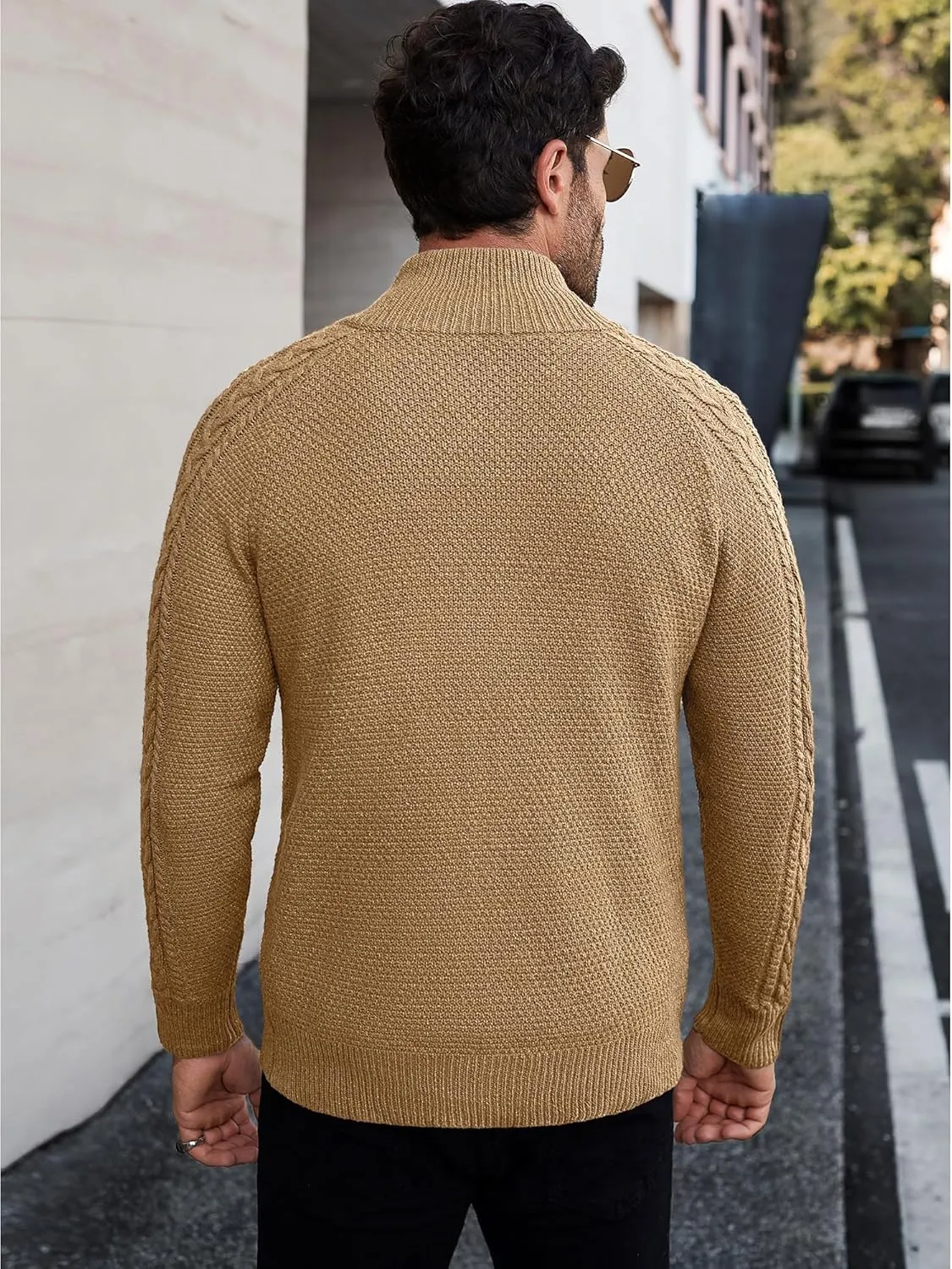 Comdecevis Men's Cardigan Sweaters Full Zip Up Stand Collar Slim Fit Cable Knitted Sweater with Pockets