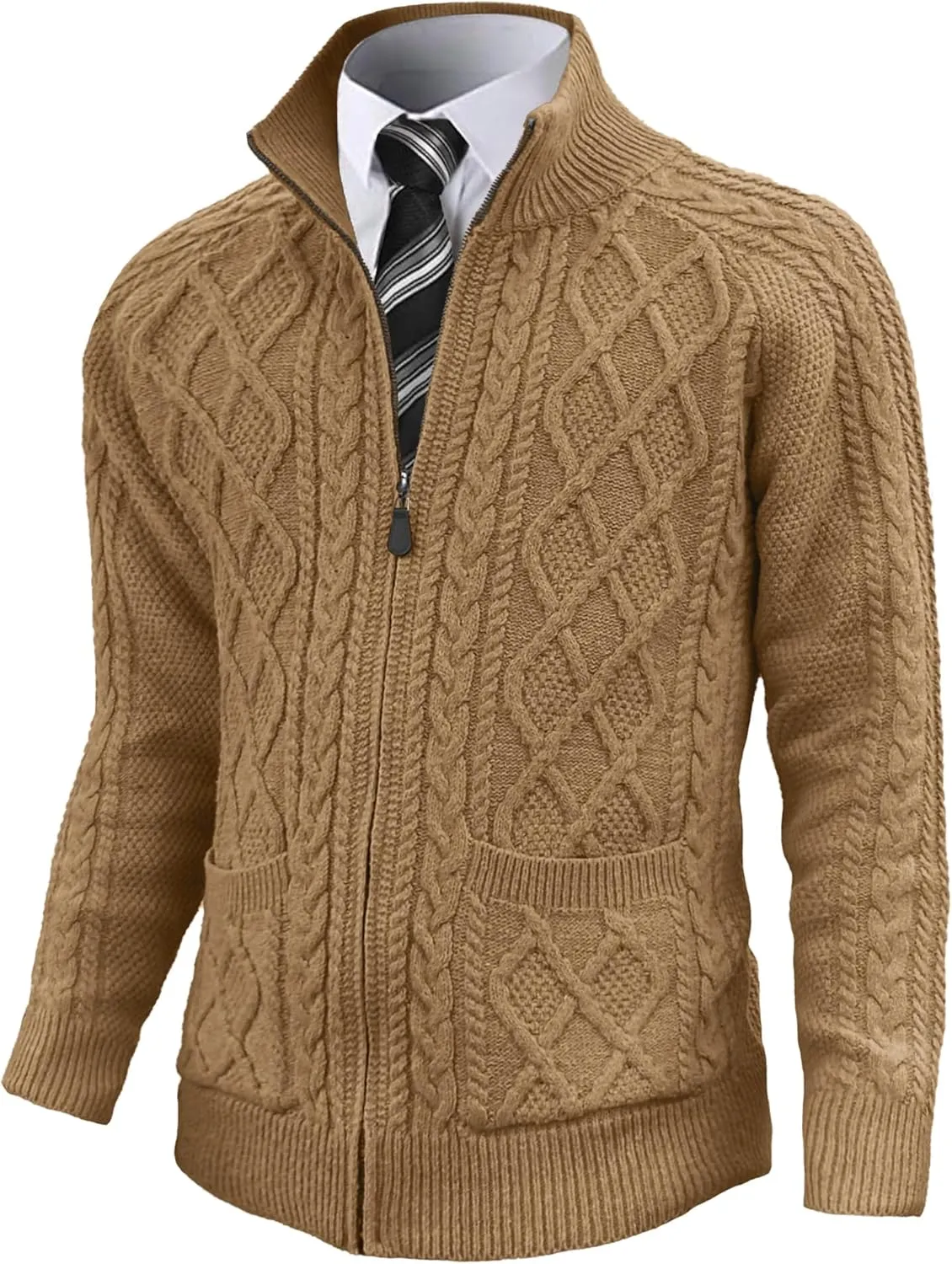 Comdecevis Men's Cardigan Sweaters Full Zip Up Stand Collar Slim Fit Cable Knitted Sweater with Pockets