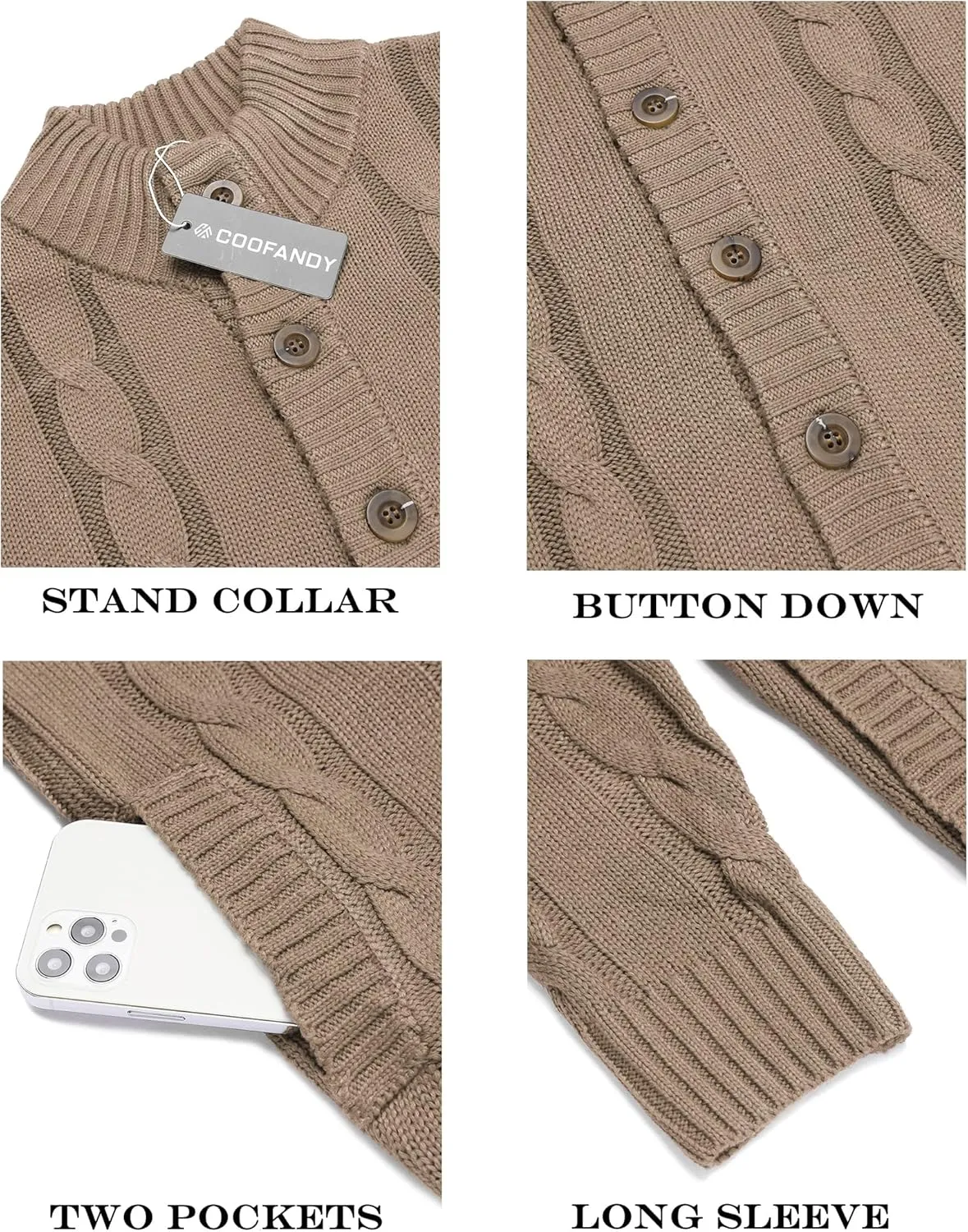 COOFANDY Men's Cardigan Sweater Slim Fit Stand Collar Cardigan Casual Cable Knitted Button Down Sweater with Pockets