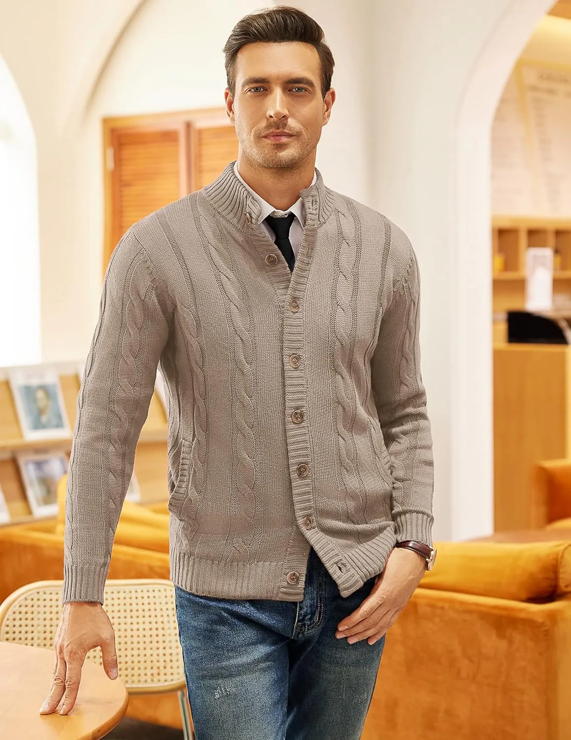 COOFANDY Men's Cardigan Sweater Slim Fit Stand Collar Cardigan Casual Cable Knitted Button Down Sweater with Pockets