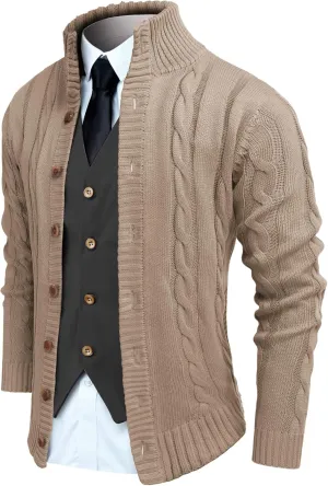 COOFANDY Men's Cardigan Sweater Slim Fit Stand Collar Cardigan Casual Cable Knitted Button Down Sweater with Pockets