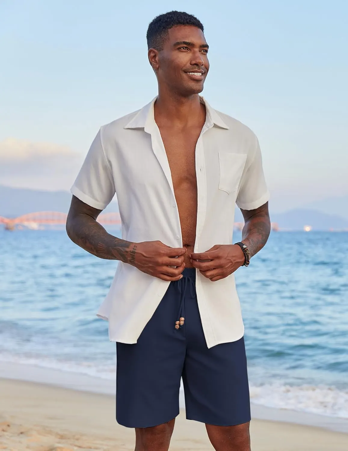 COOFANDY Mens Casual Linen Shorts Elastic Waist Drawstring Loose Fit Summer Beach Vacation Shorts with Pockets