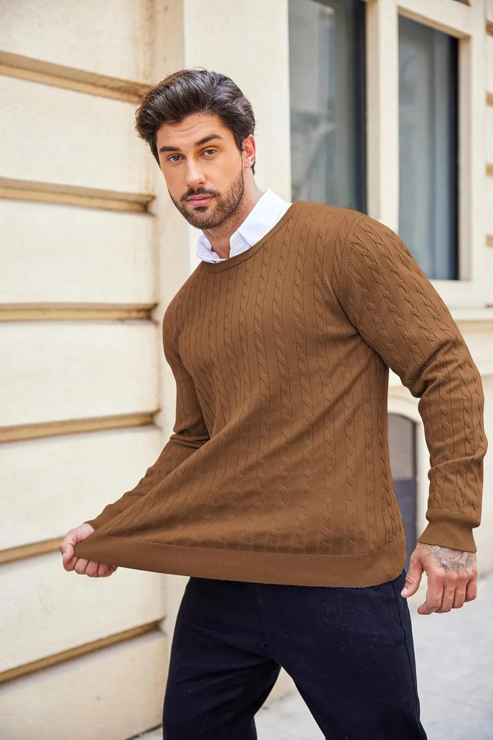 COOFANDY Men's Crewneck Knit Sweater Slim Fit Lightweight Casual Twist Patterned Cable Knitted Pullover