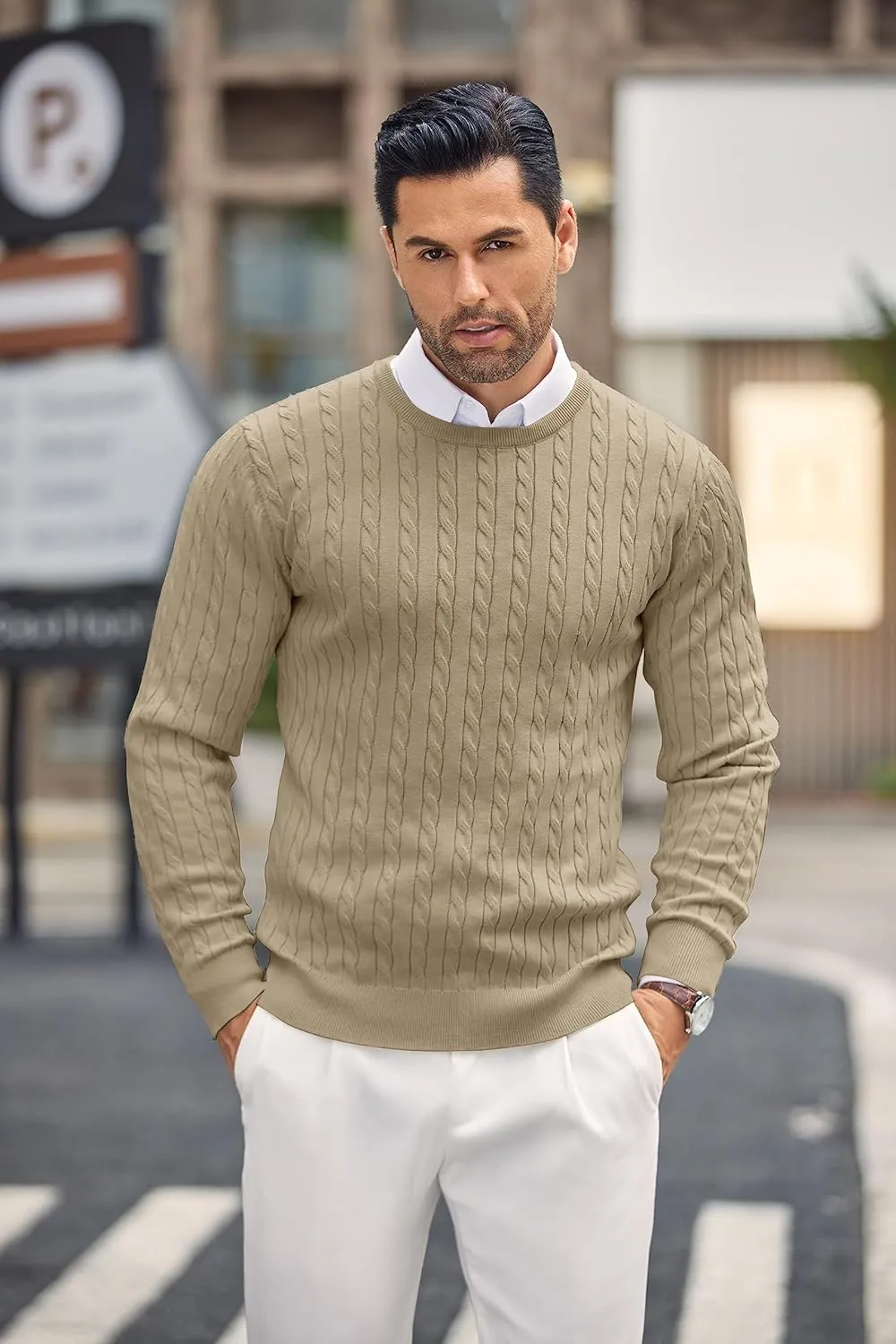 COOFANDY Men's Crewneck Knit Sweater Slim Fit Lightweight Casual Twist Patterned Cable Knitted Pullover