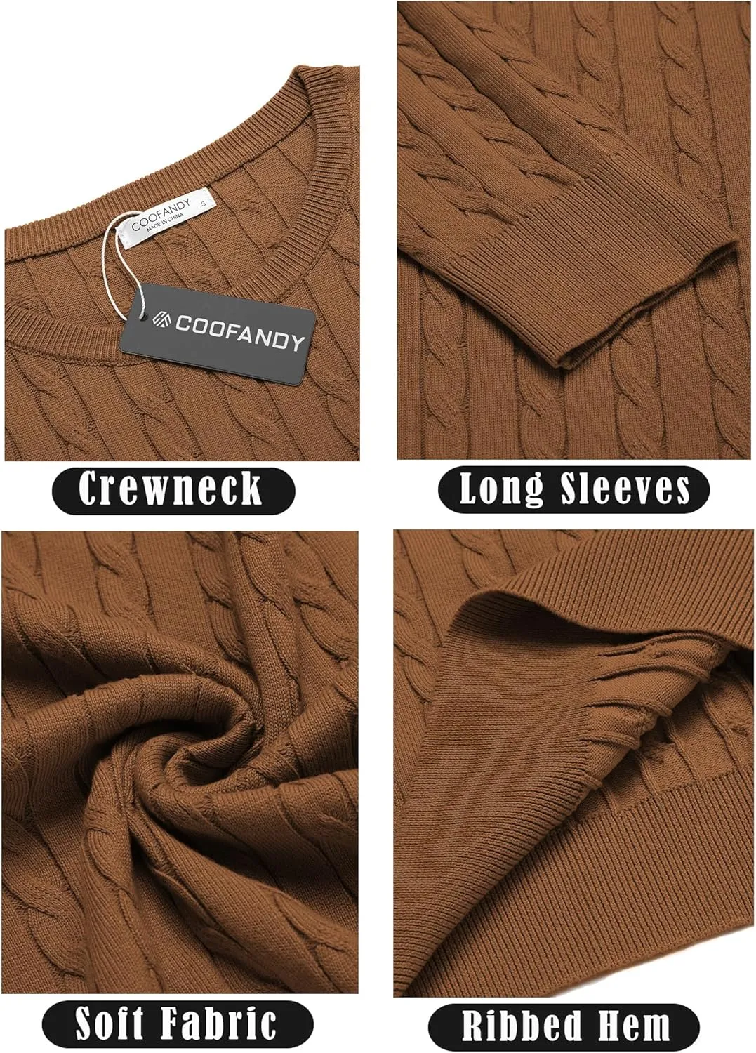 COOFANDY Men's Crewneck Knit Sweater Slim Fit Lightweight Casual Twist Patterned Cable Knitted Pullover