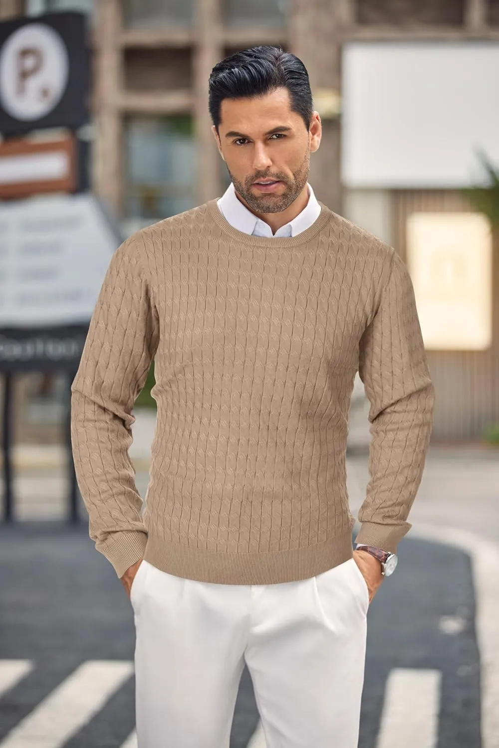 COOFANDY Men's Crewneck Knit Sweater Slim Fit Lightweight Casual Twist Patterned Cable Knitted Pullover