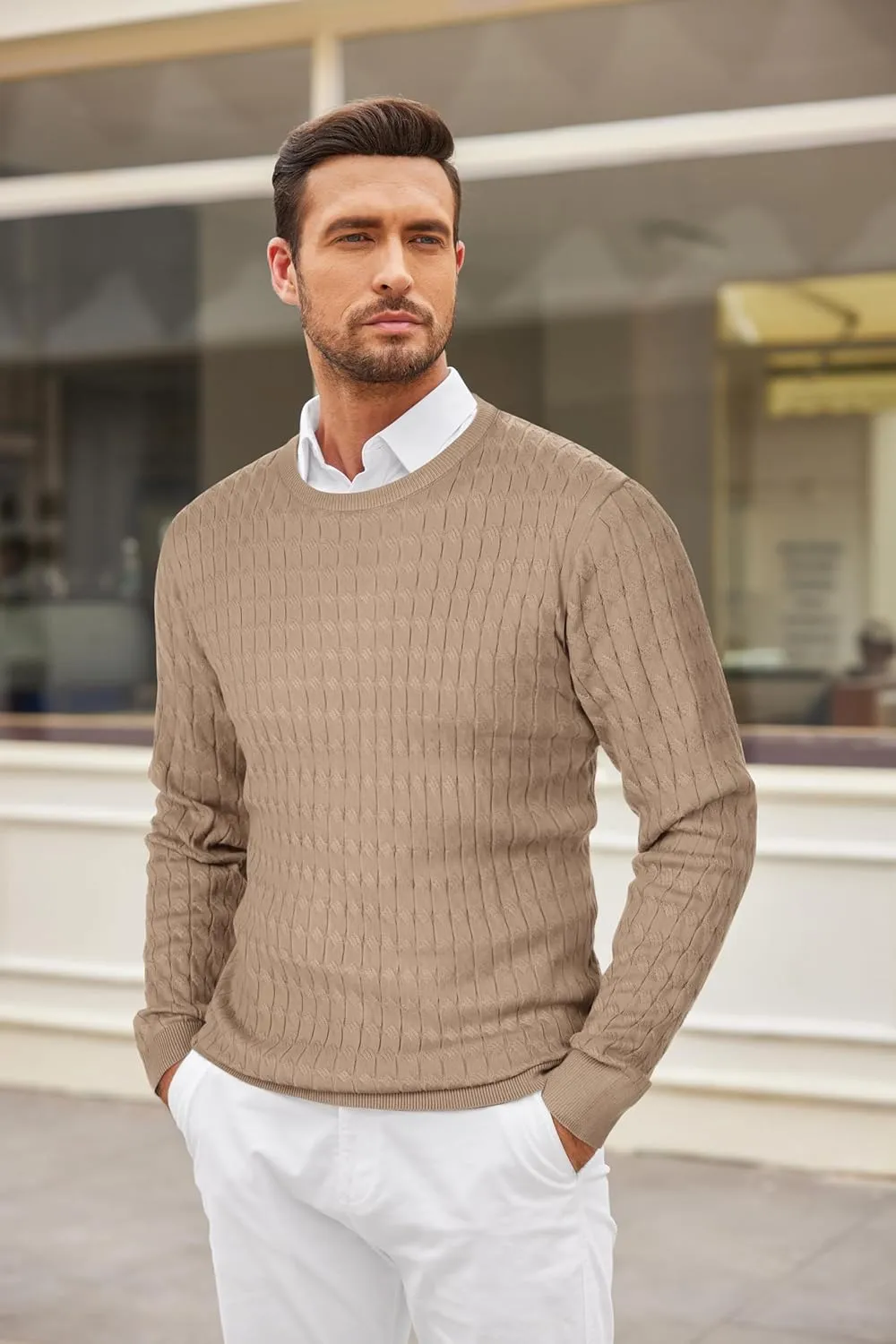 COOFANDY Men's Crewneck Knit Sweater Slim Fit Lightweight Casual Twist Patterned Cable Knitted Pullover