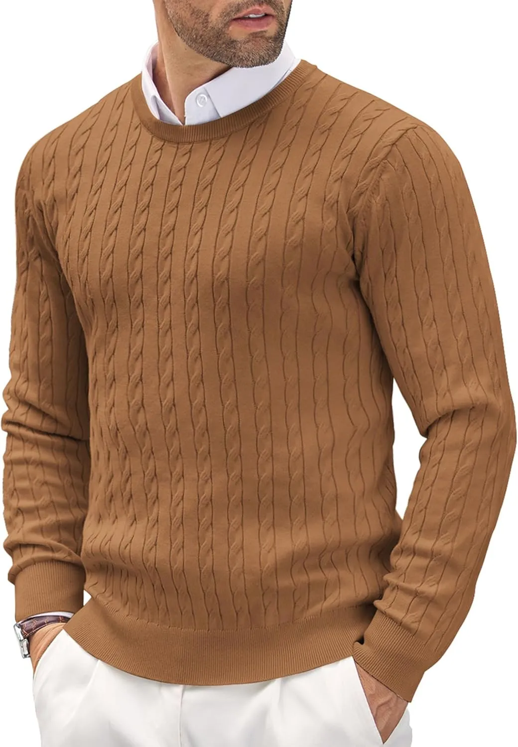 COOFANDY Men's Crewneck Knit Sweater Slim Fit Lightweight Casual Twist Patterned Cable Knitted Pullover