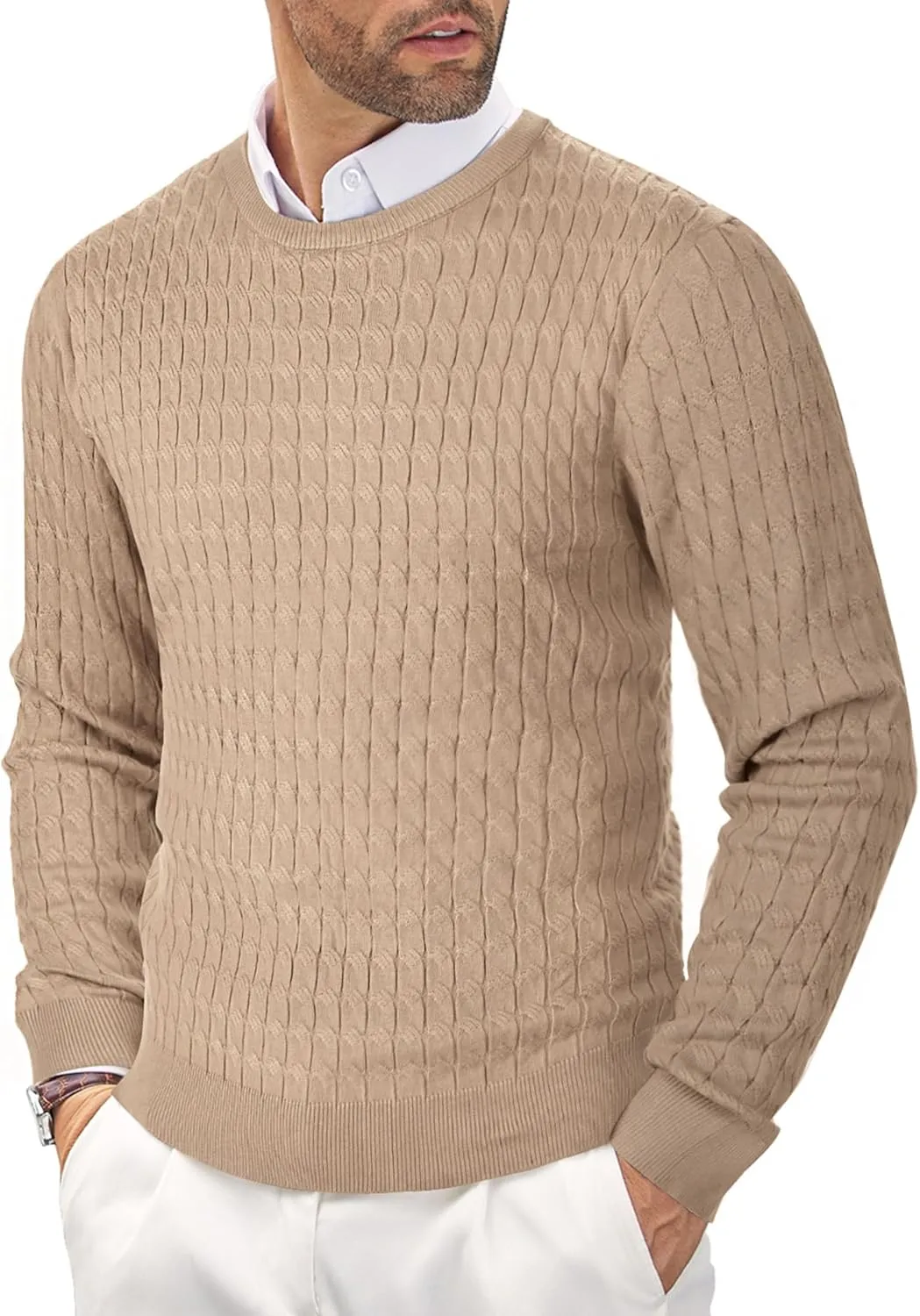 COOFANDY Men's Crewneck Knit Sweater Slim Fit Lightweight Casual Twist Patterned Cable Knitted Pullover