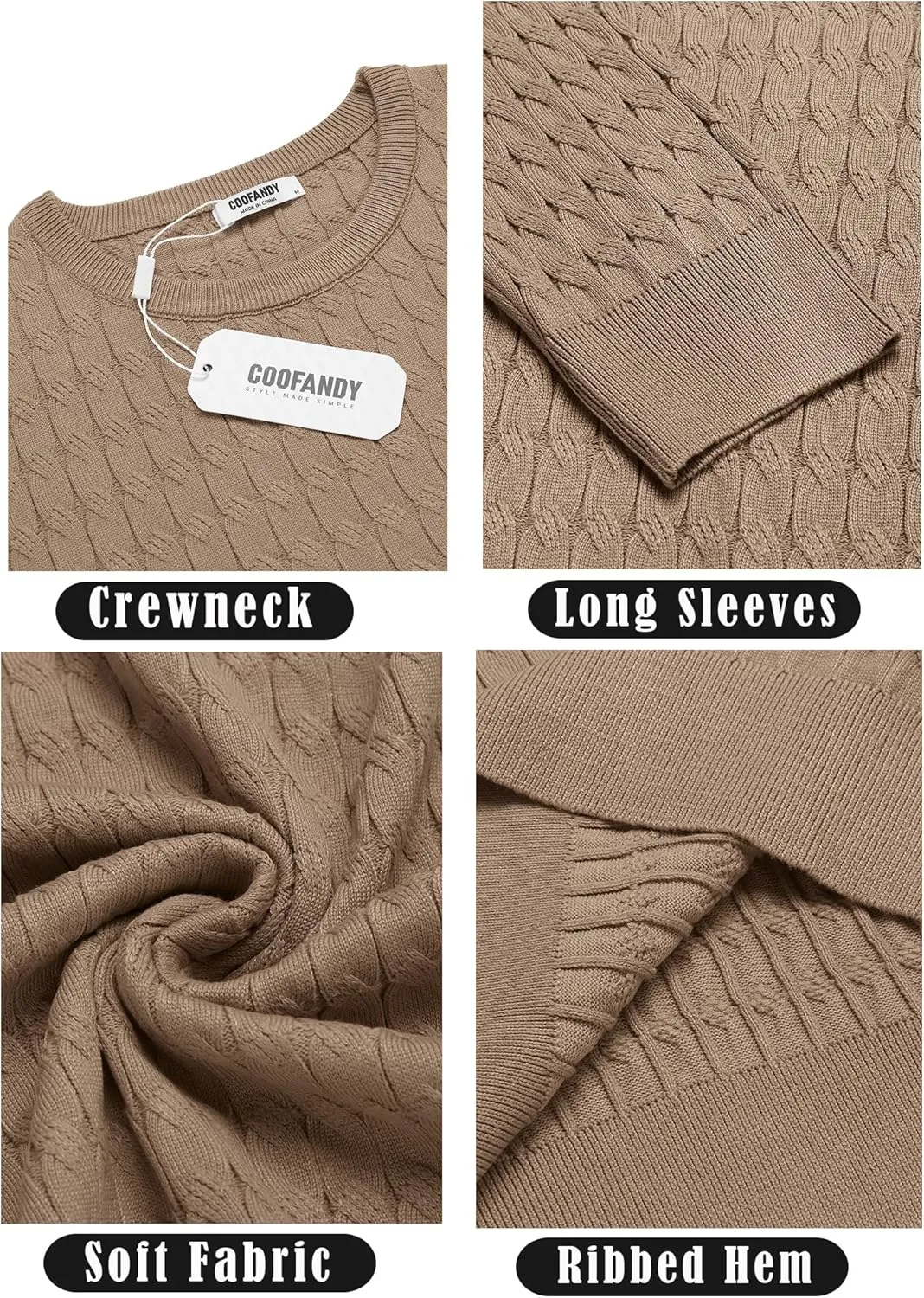 COOFANDY Men's Crewneck Knit Sweater Slim Fit Lightweight Casual Twist Patterned Cable Knitted Pullover