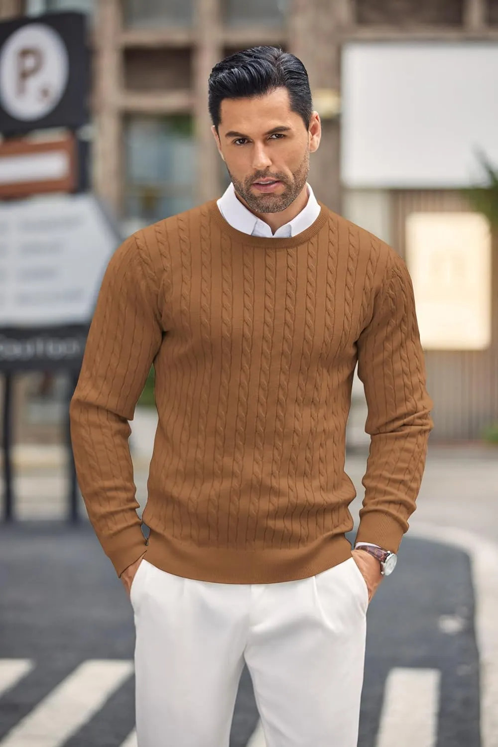 COOFANDY Men's Crewneck Knit Sweater Slim Fit Lightweight Casual Twist Patterned Cable Knitted Pullover
