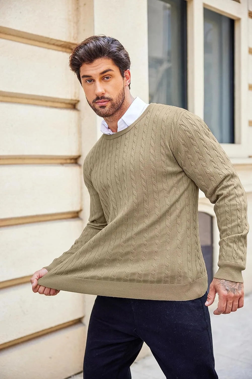COOFANDY Men's Crewneck Knit Sweater Slim Fit Lightweight Casual Twist Patterned Cable Knitted Pullover