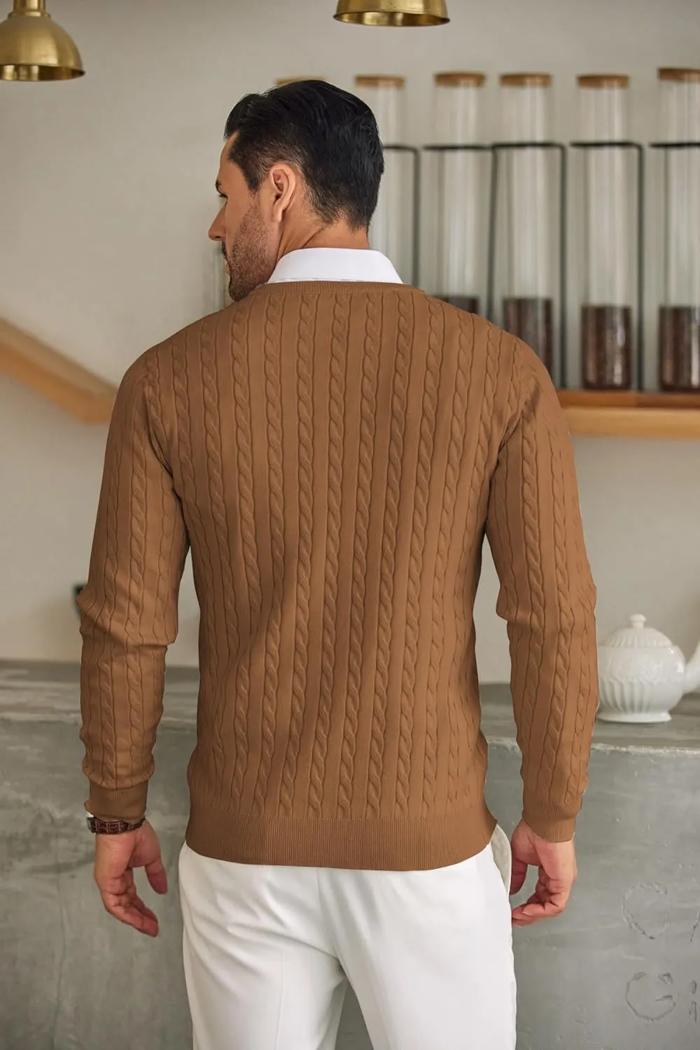 COOFANDY Men's Crewneck Knit Sweater Slim Fit Lightweight Casual Twist Patterned Cable Knitted Pullover
