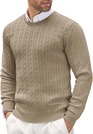 COOFANDY Men's Crewneck Knit Sweater Slim Fit Lightweight Casual Twist Patterned Cable Knitted Pullover