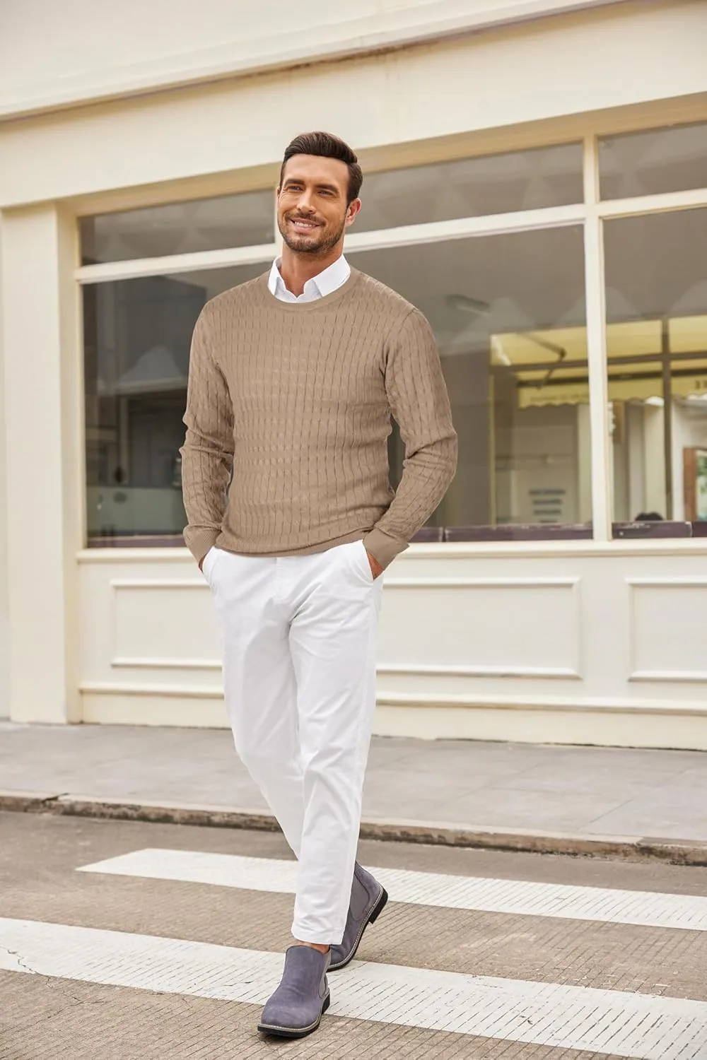 COOFANDY Men's Crewneck Knit Sweater Slim Fit Lightweight Casual Twist Patterned Cable Knitted Pullover