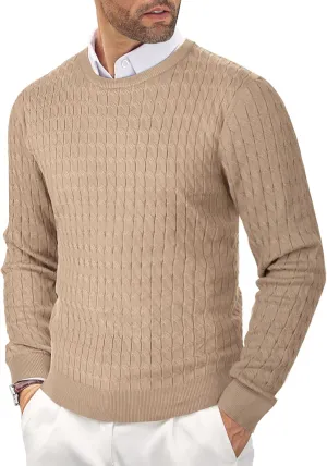 COOFANDY Men's Crewneck Knit Sweater Slim Fit Lightweight Casual Twist Patterned Cable Knitted Pullover