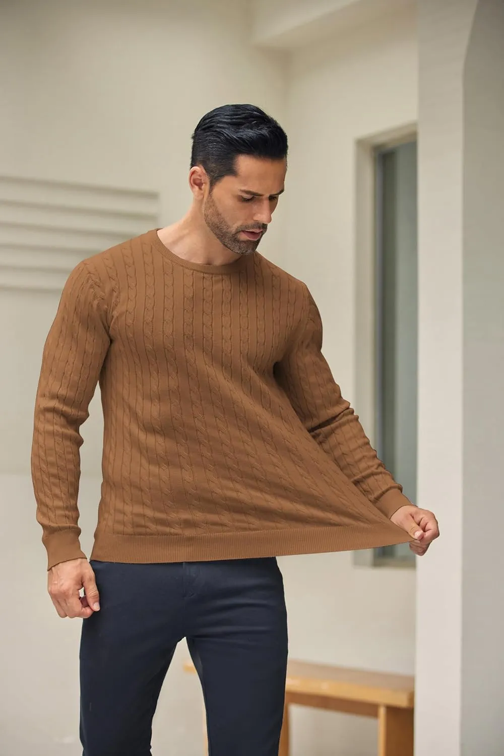 COOFANDY Men's Crewneck Knit Sweater Slim Fit Lightweight Casual Twist Patterned Cable Knitted Pullover