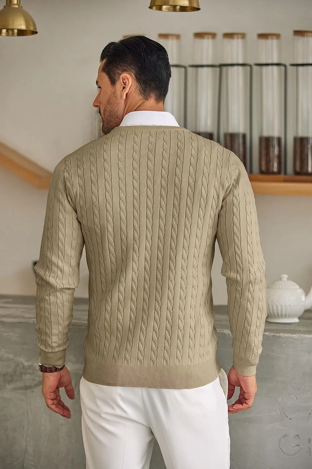 COOFANDY Men's Crewneck Knit Sweater Slim Fit Lightweight Casual Twist Patterned Cable Knitted Pullover