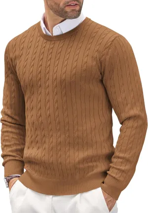COOFANDY Men's Crewneck Knit Sweater Slim Fit Lightweight Casual Twist Patterned Cable Knitted Pullover