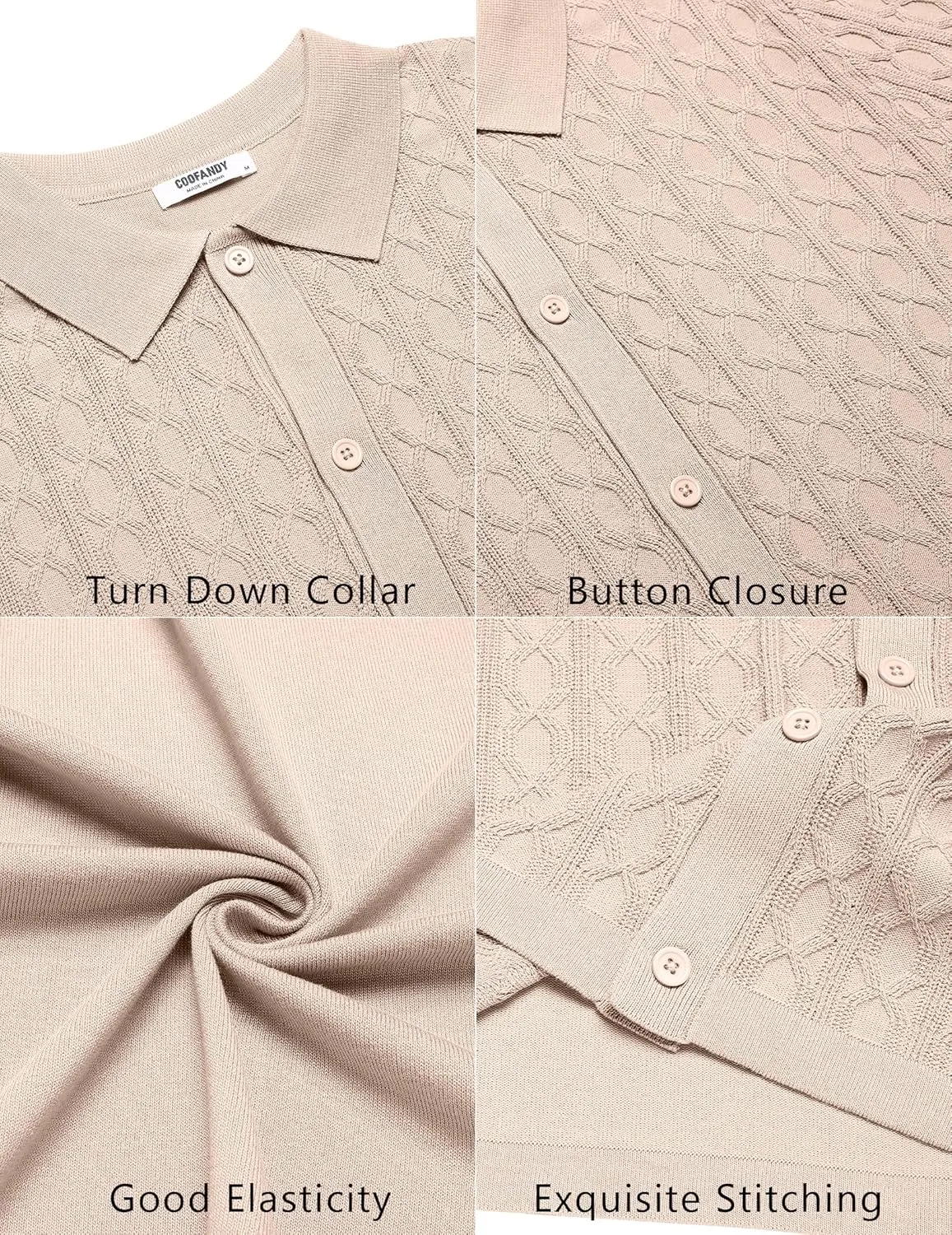 COOFANDY Men's Knit Short Sleeve Shirts Button Down Vintage Knitted Polo Shirt Casual Beach Crochet Cable Vacation Shirt