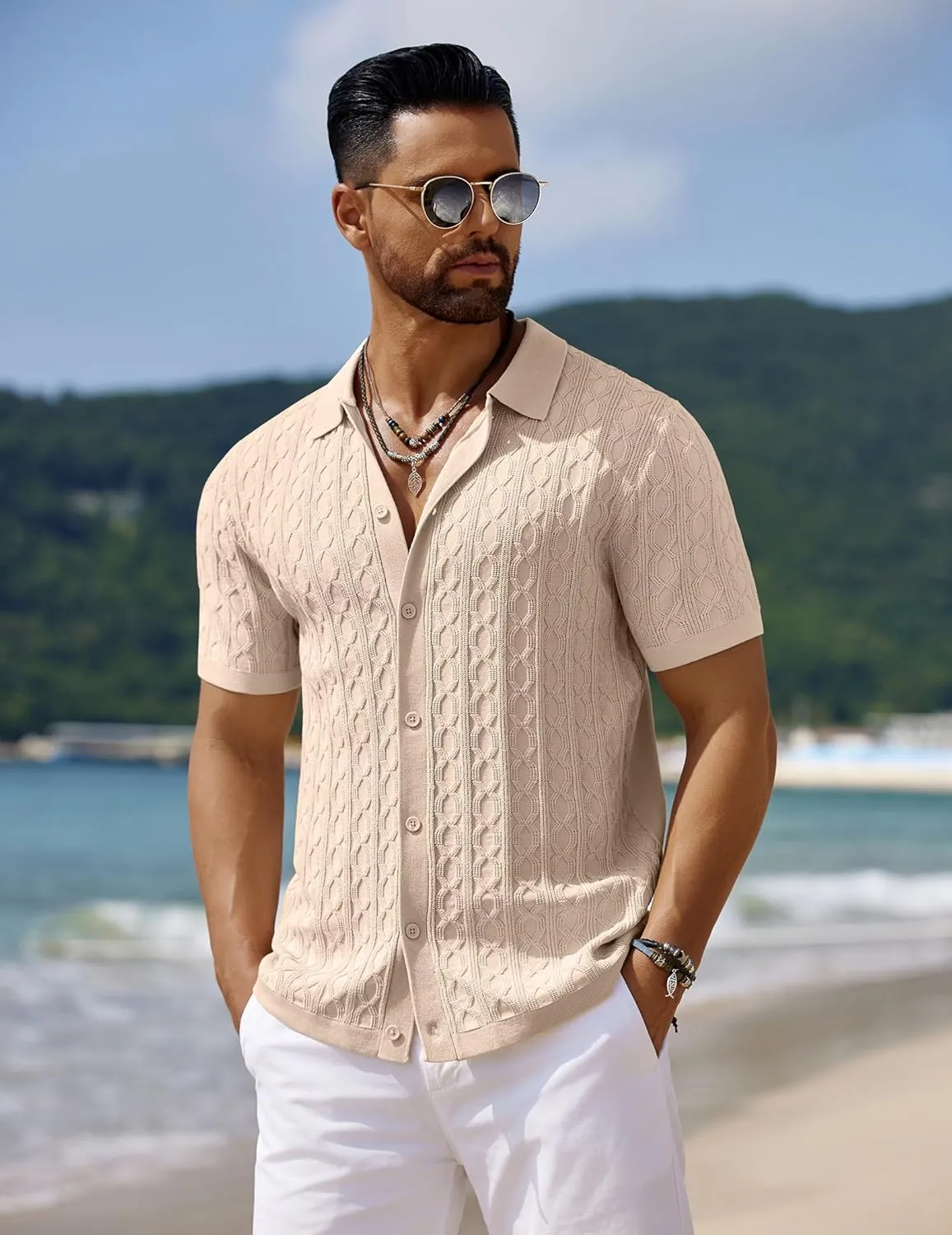 COOFANDY Men's Knit Short Sleeve Shirts Button Down Vintage Knitted Polo Shirt Casual Beach Crochet Cable Vacation Shirt