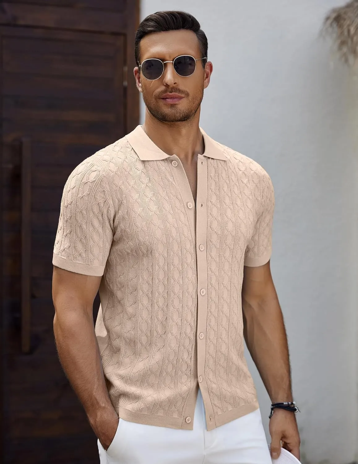 COOFANDY Men's Knit Short Sleeve Shirts Button Down Vintage Knitted Polo Shirt Casual Beach Crochet Cable Vacation Shirt