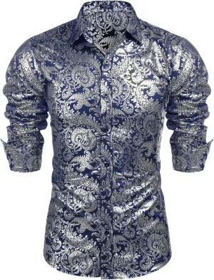 COOFANDY Men's Paisley Shirt Luxury Disco Long Sleeve Button Down Dress Shirts