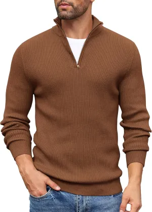 COOFANDY Men's Quarter Zip Sweaters Slim Fit Mock Neck Pullover Sweater Lightweight Knitted Polo Sweaters