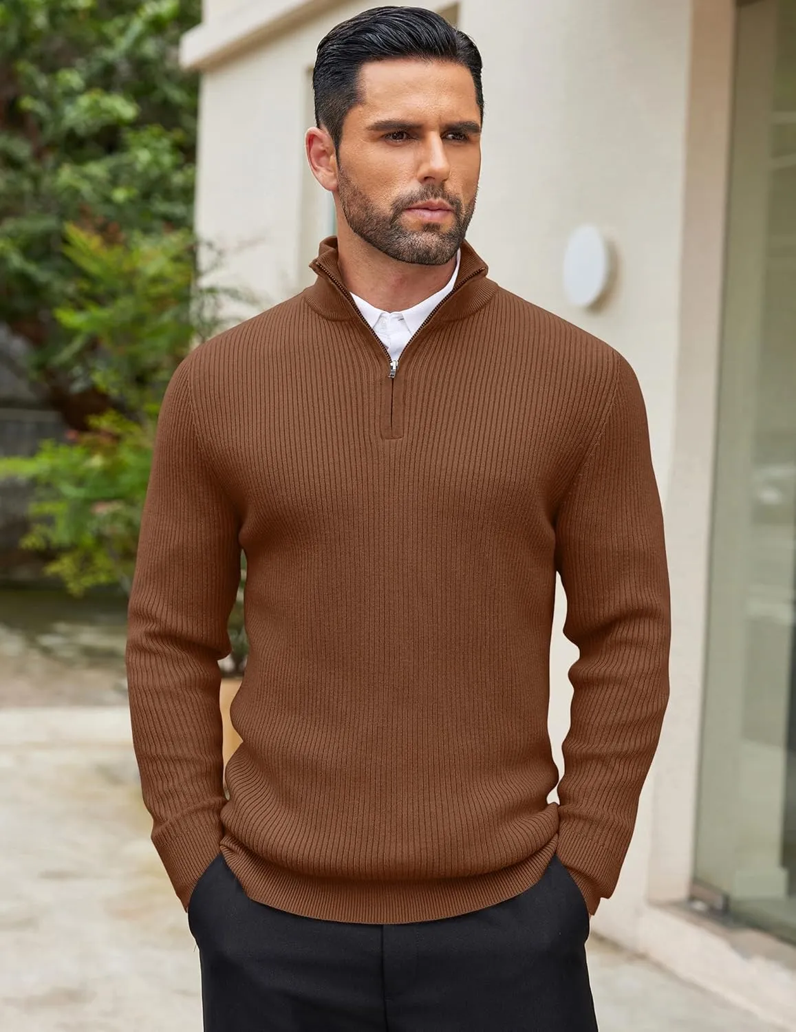 COOFANDY Men's Quarter Zip Sweaters Slim Fit Mock Neck Pullover Sweater Lightweight Knitted Polo Sweaters