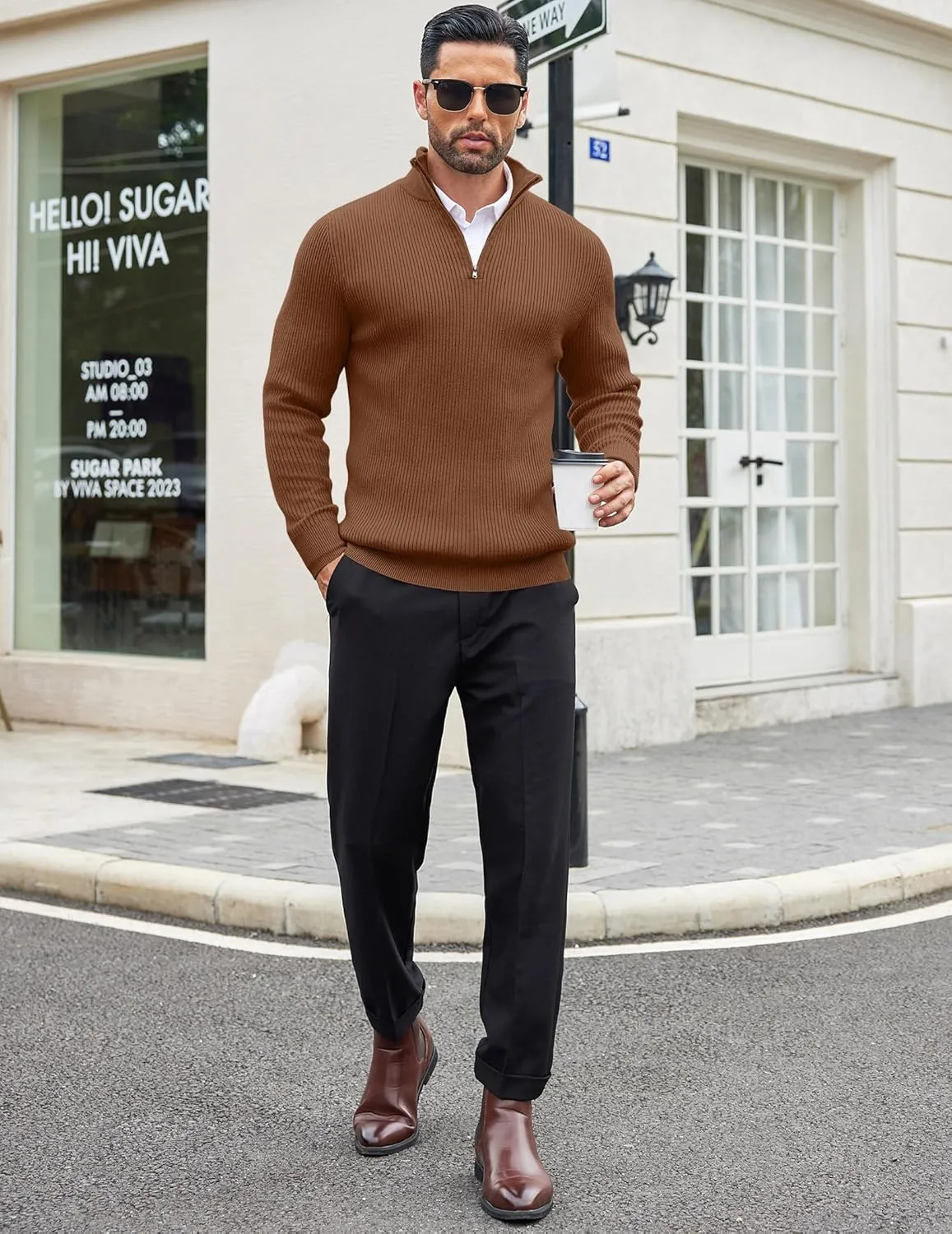 COOFANDY Men's Quarter Zip Sweaters Slim Fit Mock Neck Pullover Sweater Lightweight Knitted Polo Sweaters