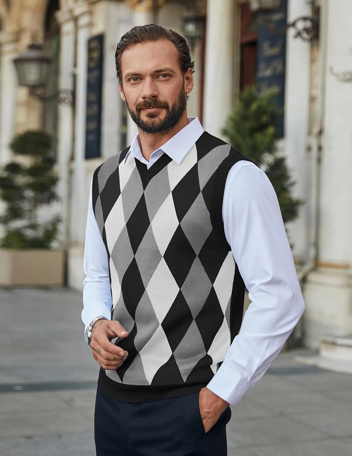 COOFANDY Men's Sleeveless V Neck Pullover Sweater Slim Fit Casual Argyle Sweater Vest