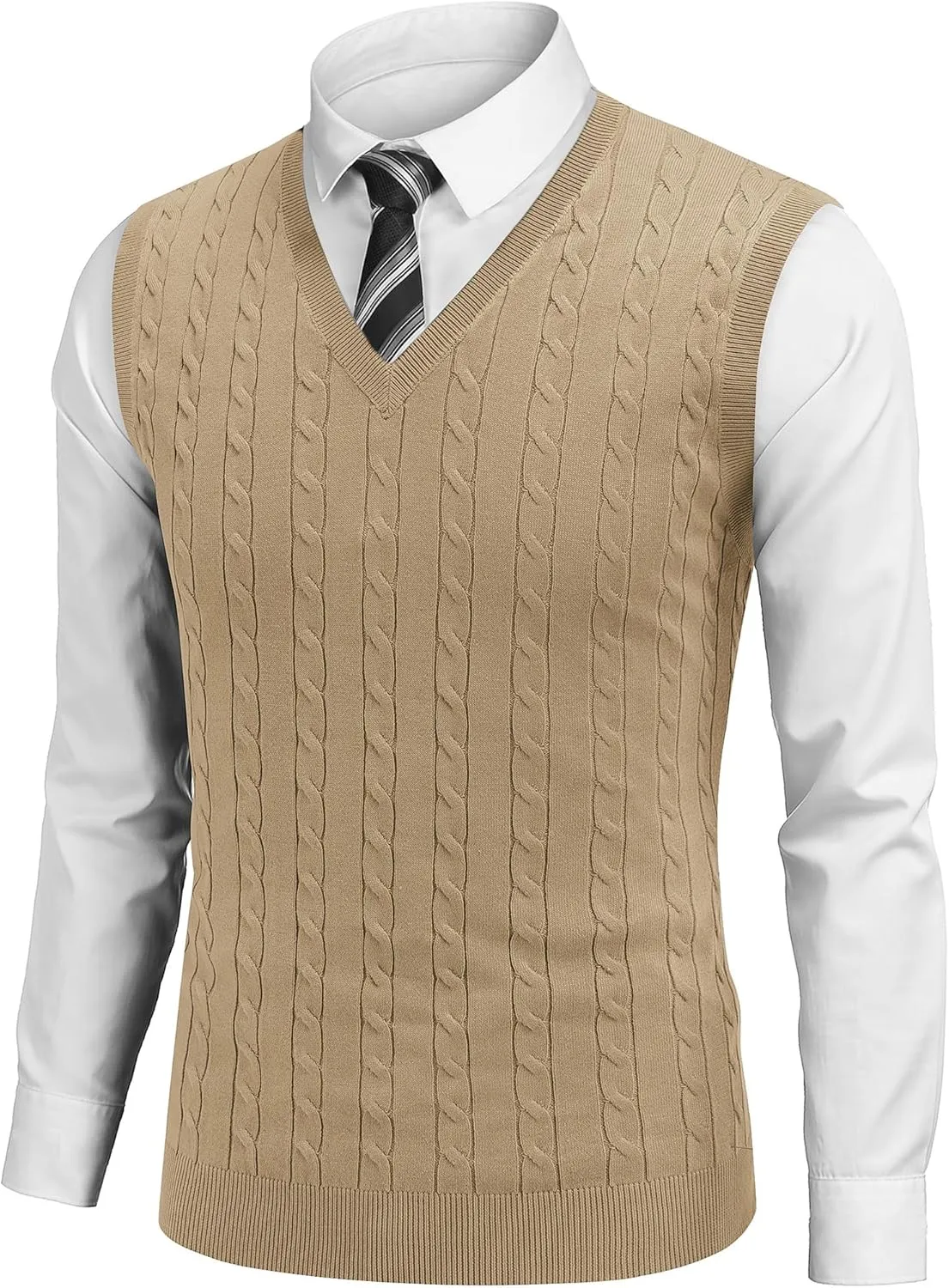 COOFANDY Men's Sweater Vest V Neck Slim Fit Cable Knitted Sleeveless Pullover Sweater