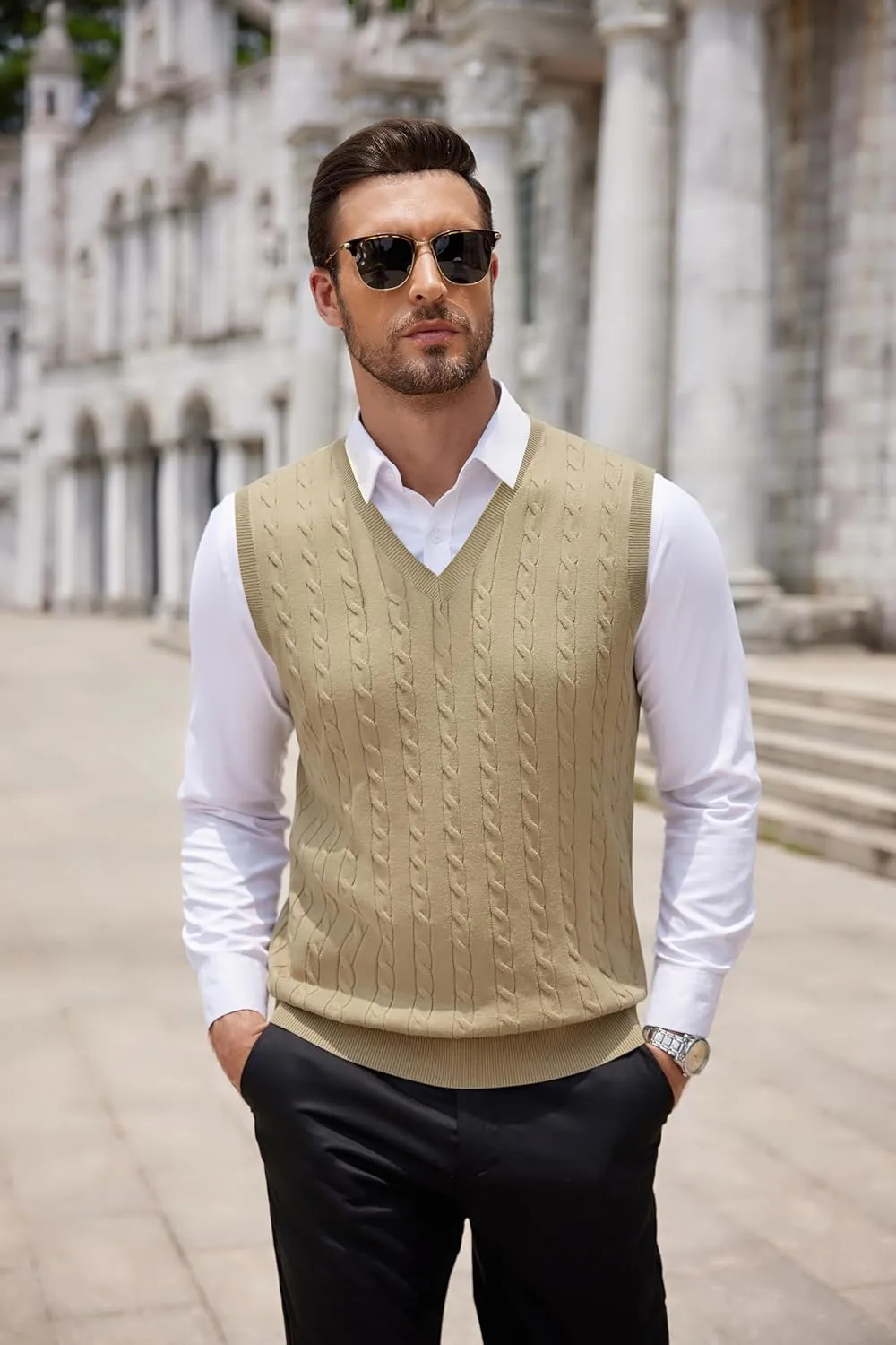 COOFANDY Men's Sweater Vest V Neck Slim Fit Cable Knitted Sleeveless Pullover Sweater