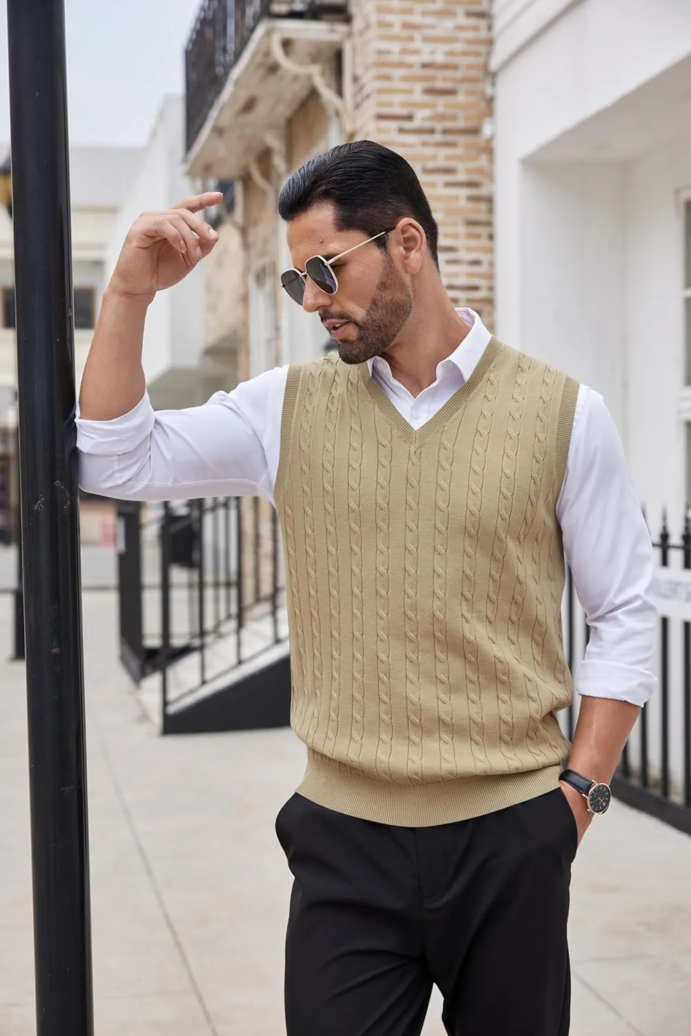 COOFANDY Men's Sweater Vest V Neck Slim Fit Cable Knitted Sleeveless Pullover Sweater