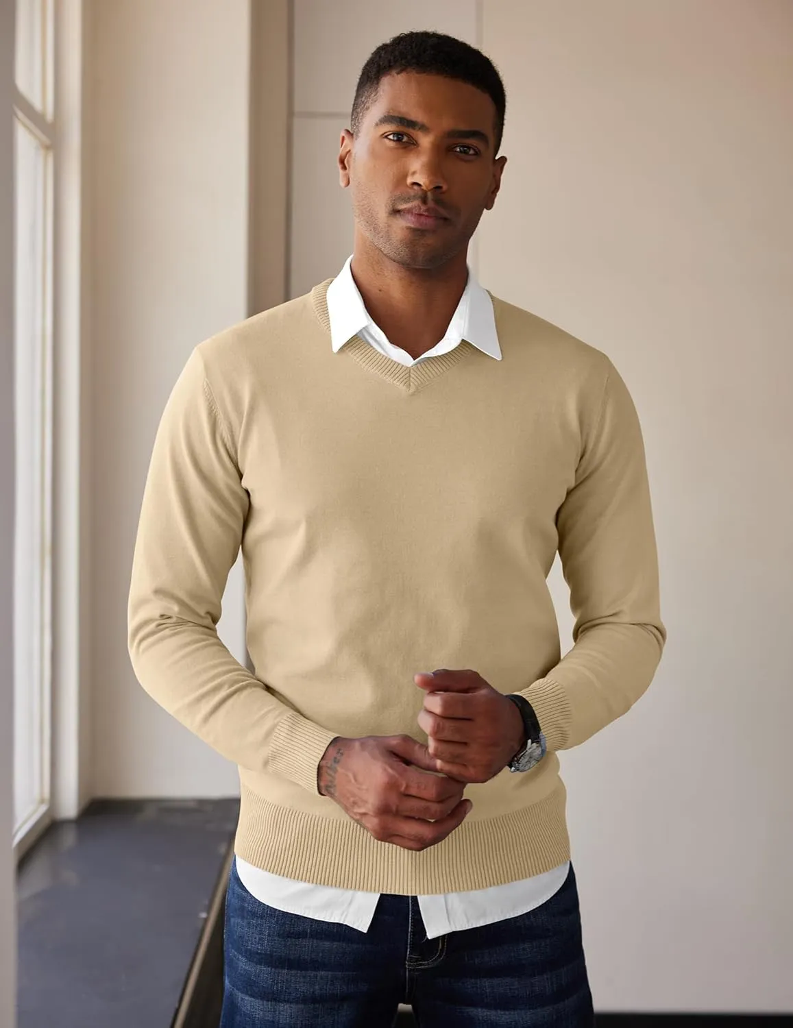 COOFANDY Men's V Neck Pullover Sweater Slim Fit Casual Dress Sweater Lightweight Knitted Sweaters