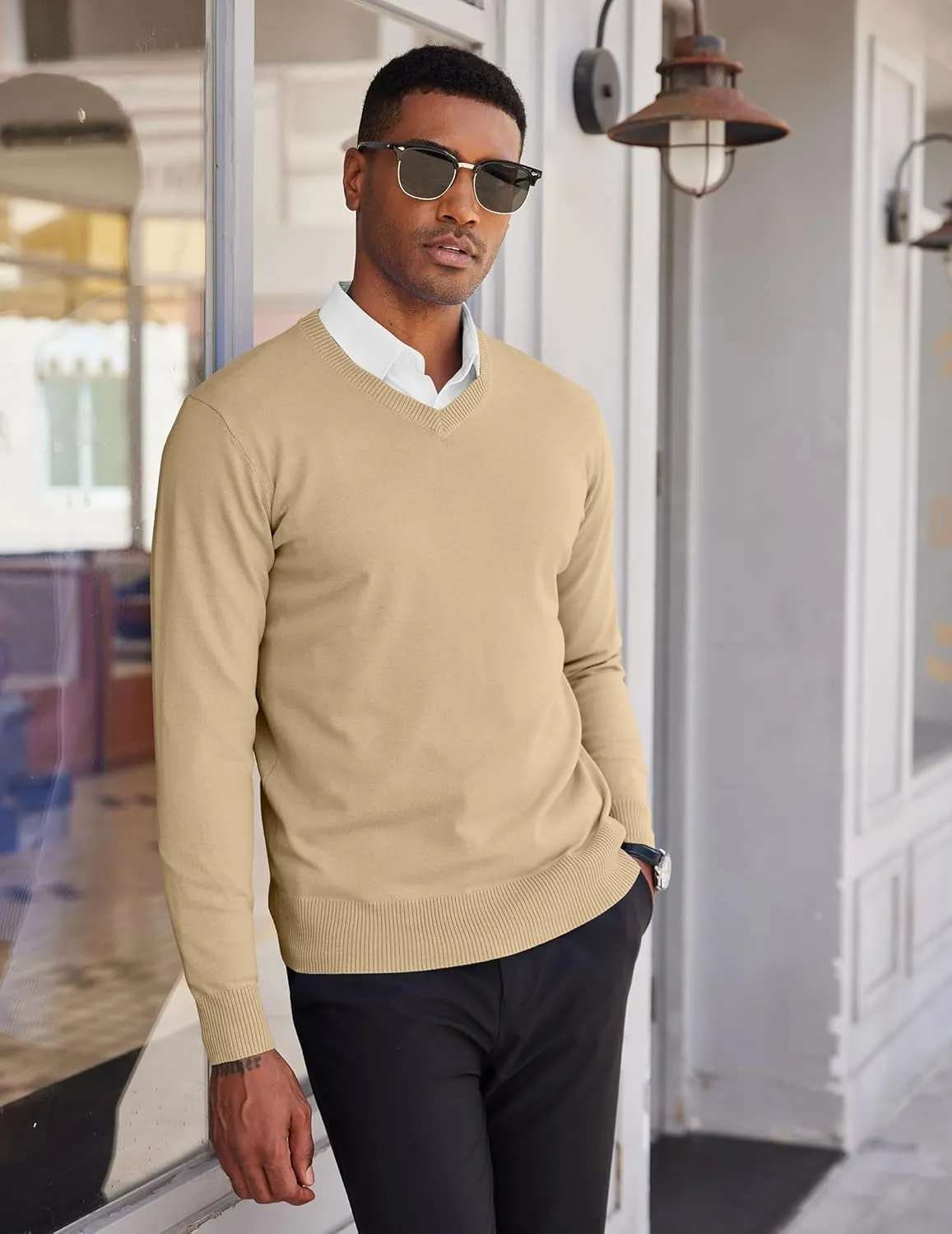 COOFANDY Men's V Neck Pullover Sweater Slim Fit Casual Dress Sweater Lightweight Knitted Sweaters