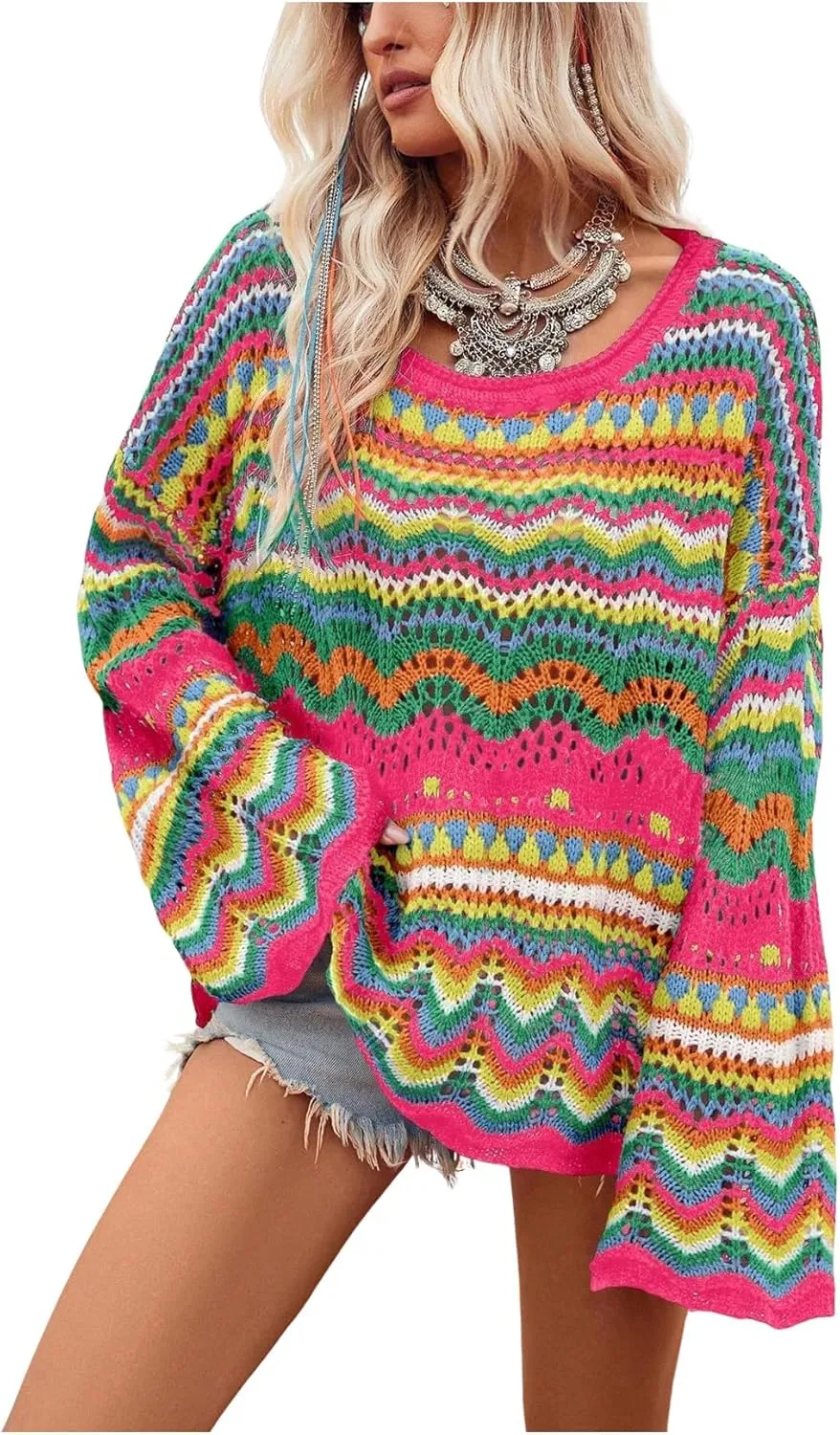 COZYEASE Women's Oversized Colorful Sweater Drop Shoulder Pullover Crochet Hollow Fall Outfit Sweater Tops