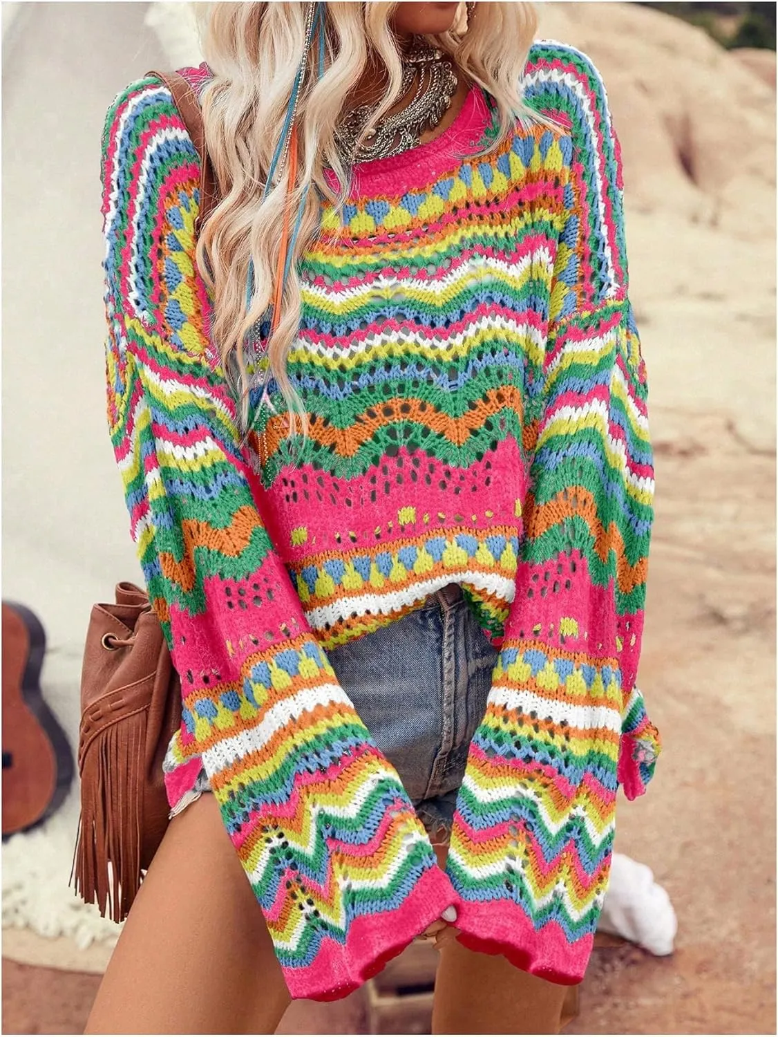 COZYEASE Women's Oversized Colorful Sweater Drop Shoulder Pullover Crochet Hollow Fall Outfit Sweater Tops