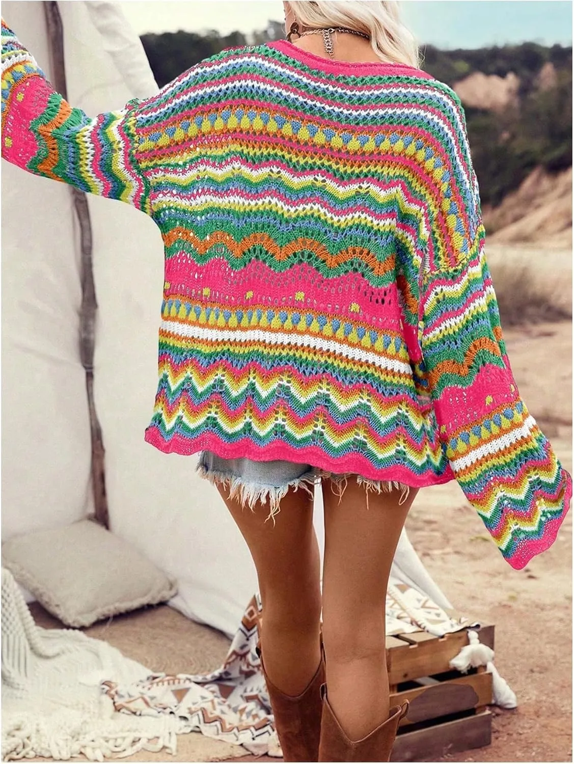 COZYEASE Women's Oversized Colorful Sweater Drop Shoulder Pullover Crochet Hollow Fall Outfit Sweater Tops
