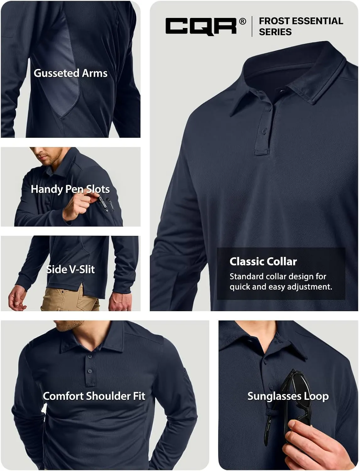 CQR Men's Polo Shirt, Long Sleeve Tactical Shirts, Outdoor UPF 50  Pique Shirt, Dry Fit Lightweight Golf Shirts