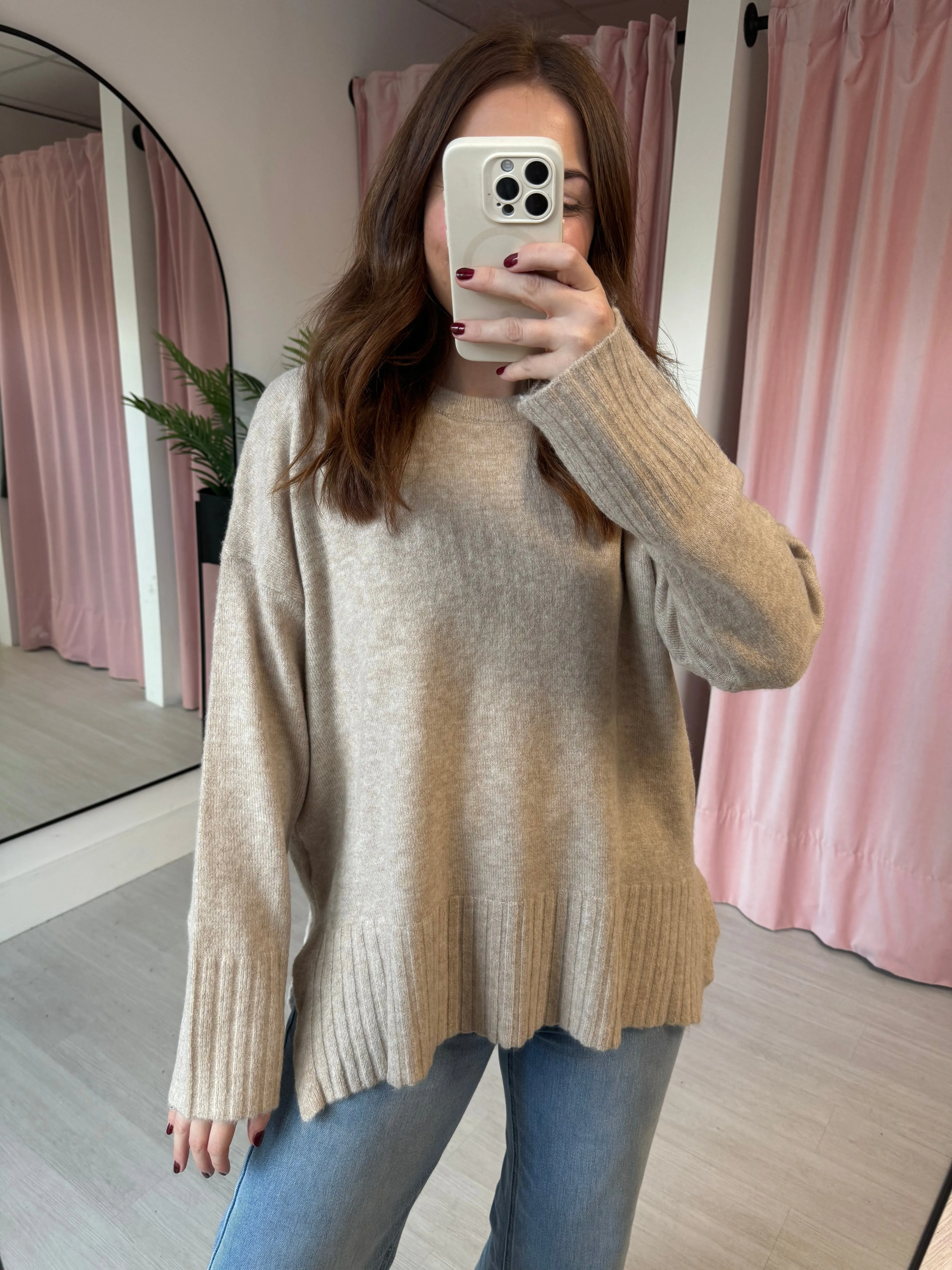 Crew Neck Rib Hem & Cuff Jumper - Biege