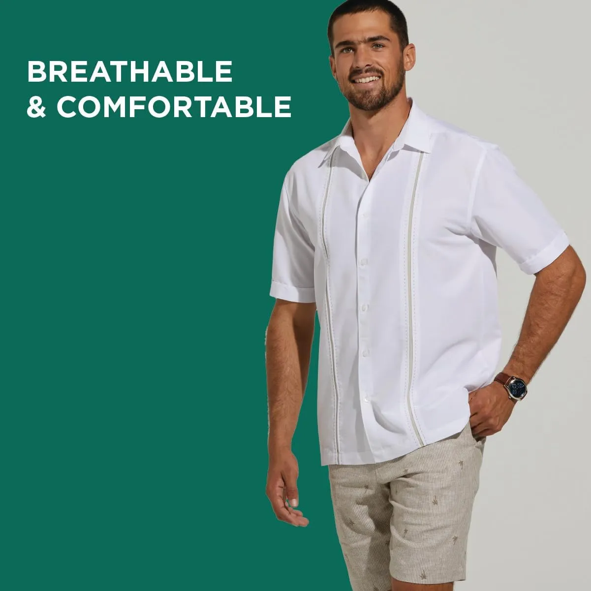 Cubavera Paneled Short Sleeve Shirt for Men, Classic Fit, Wrinkle Resistant, Casual Button-Down Shirt With Spread Collar